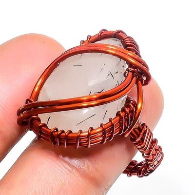 Кольцо из черной рутила с драгоценными камнями и медью проволочная пленка ручной работы удивительное ювелирное изделие 7 дюймов - Изображение 1 из 4