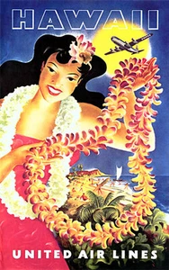 Hawaiian Lei 15x22 Hawaii hawaiin Surfing Art Print Maui United Air Lines - Picture 1 of 1