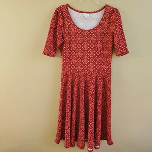 LulaRoe Nicole Dress Orange Red Burgundy Wheel print fit flair Womans size Large - Picture 1 of 4