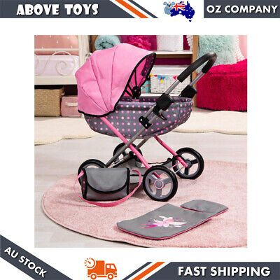 Bayer Cosy Pram Stroller For No More Than 46cm Dolls Grey/Pink Spots Toy Kids 3+ • 121.29$