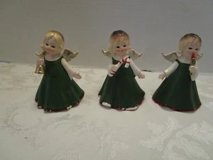 Figuras de ángel vintage Lefton 3 Navidad KW4836 pintadas a mano verde Japón años 50 - Imagen 1 de 11