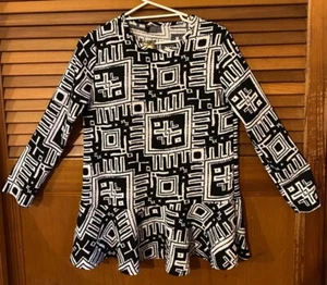 Size 18 XXL dress Black & white Aztec shapes long sleeve fishtail frill hem top - Picture 1 of 12