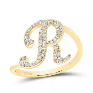 10k Yellow Gold Genuine Diamond Cursive Font Letter R Initial Bypass Ring 1/5 CT - Picture 1 of 1