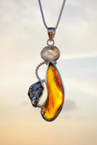 Raw Amber, Herkimer Diamond and Meteorite Pendant 925 Sterling Silver Pendant - Picture 1 of 3