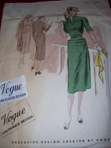 💐1941 VOGUE COUTURIER DESIGN 372-LADIES PRETTY WAR ERA DRESS PATTERN w/LABEL 12 - Picture 1 of 2