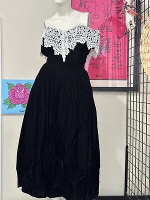 Vestido Formal Gunne Sax Años 80-Terciopelo Negro-Gótico-Promoción-Fiesta-Miércoles-Promoción-S Foto 1 de 4