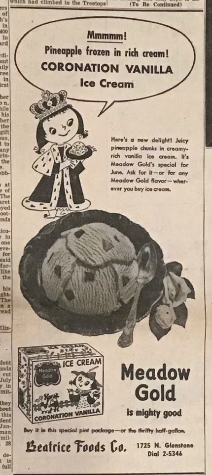 Anuncio de periódico 1953 para Meadow Gold Coronation Vanilla Ice Cream - arte Mary Blair Foto 1 de 1