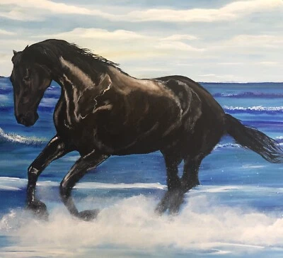 Original Nuevo Pintado a Mano Caballo Correr en una Playa Acrílico sobre Lienzo Pintura  Foto 1 de 4