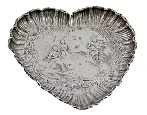 Antiguo plato poco profundo ilustrado de plata maciza de San Valentín en forma de corazón para amantes (KN) - Imagen 1 de 5