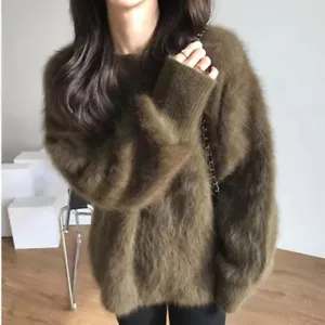 Mujeres Imitación Mohair Suéter Cuello Redondo Jumper Prendas de punto Informal Invierno Cálido Peluche - Imagen 1 de 13