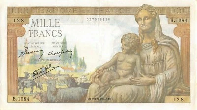 France  1000  Francs  20.8.1942  Series  B  Circulated Banknote Mea81 - Image 1 of 2