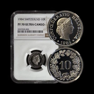 SWITZERLAND. 1984, 10 Rappen - NGC PF70 - Top Pop🥇 Libertas, Alpine Rose RARE - Picture 1 of 5