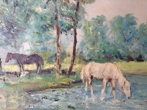 FRANCK Signed - Antique Post-Impressionist Oil Canvas 1940s Horses by the Pond - Picture 1 of 12