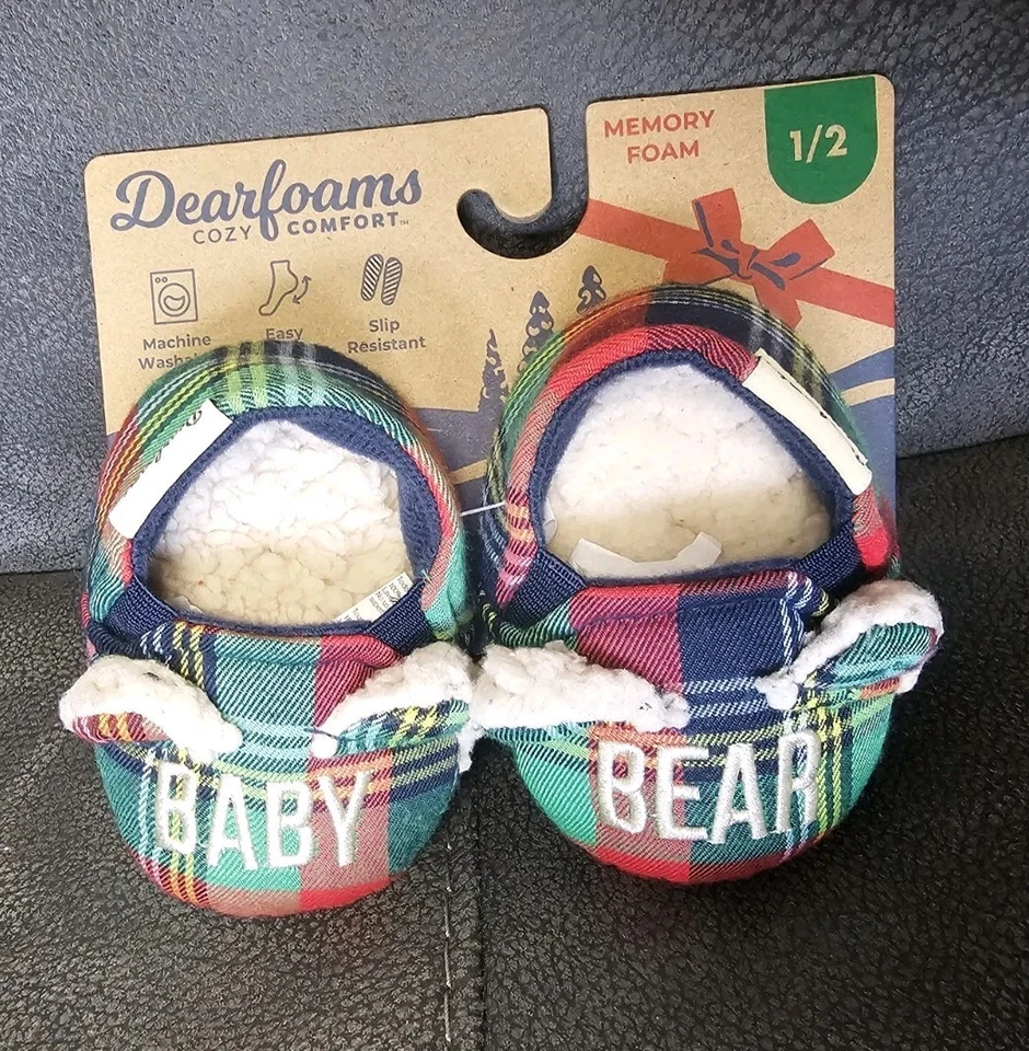Dearfoams Cozy Comfort Kids Baby Bear Plaid Closed Back Slippers Size 1-2