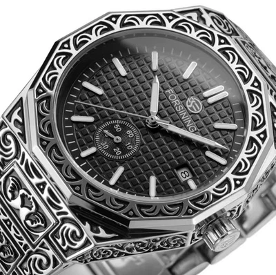 Reloj Hombre Automático Lujo Acero Inoxidable Esqueleto Plata Oro Retro Tallado Foto 1 de 4