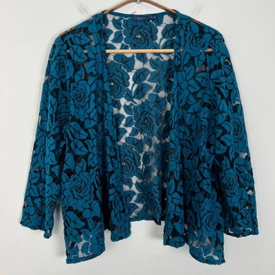Cárdigan Kimono Corte Suelto Verde Azulado Rosa Floral Encaje Frente Abierto Chaqueta Mujer XL Foto 1 de 4