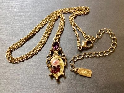 "Collar enchapado en oro de 16-19"" marca 1928 de diamantes de imitación rosa y púrpura bisutería" Foto 1 de 4