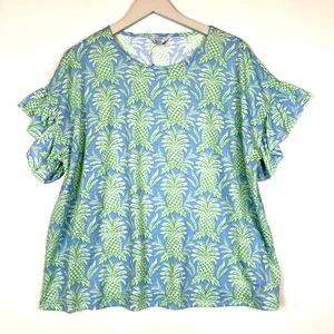 Camisa manga corta con volantes estampado piña corona e hiedra azul verde XL - Imagen 1 de 4