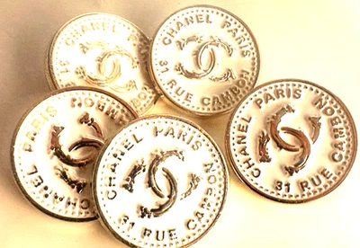 Set of 5 Chanel Buttons white & Gold, Iconic CC/ Metal Shank Back, 31 Rue Cambon - Image 1 of 4