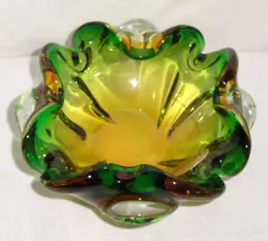 Venetian Glass Ashtray ~ J I Co Murano Italy ~ Green Amber ~ w/Original Label - Picture 1 of 13