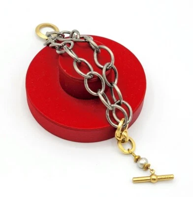 Pulsera 2 Hilos Cadena Firmada CAROLINA Imitación Perla Palanca Diseñador Joyería Foto 1 de 4