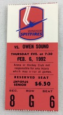 OHL 1992 02/06 Owen Sound Platers at Windsor Spitfires Hockey Ticket