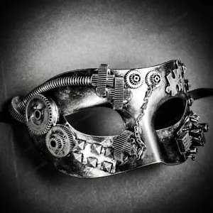 Roman Steampunk Phantom Gear Face & Eye Masquerade Halloween Mask Metal Silver - Picture 1 of 4