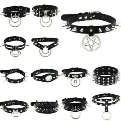 Women Pu Leather Choker Necklace O Ring Neck Collar Chain Gothic Punk Studded - Image 1 of 4
