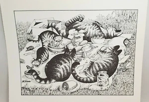 Kliban Cat Vintage Print PICNIC CATS July 1978 Cat Calendar Book 1981 - Picture 1 of 6