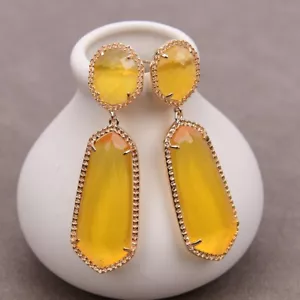 Natural Yellow Cat Eye Dangle Gold Plated Stud Earrings Geometric Gems Earring - Picture 1 of 10