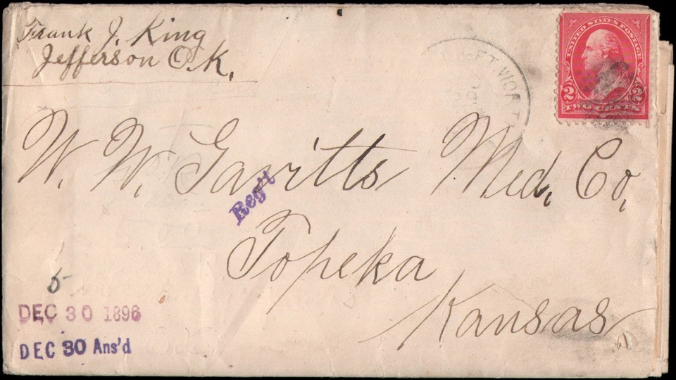 Jefferson Oklahoma Territory, но с почтовым штемпелем Caldwell & Ft. Worth RPO, 1896 - Изображение 1 из 1