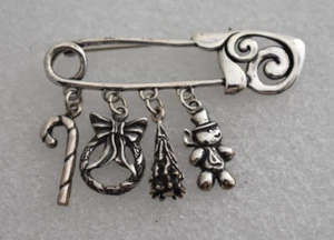Jezlaine Jez Sterling Silver Safety Pin Christmas Charm Brooch Pin Tree Wreath - Picture 1 of 3