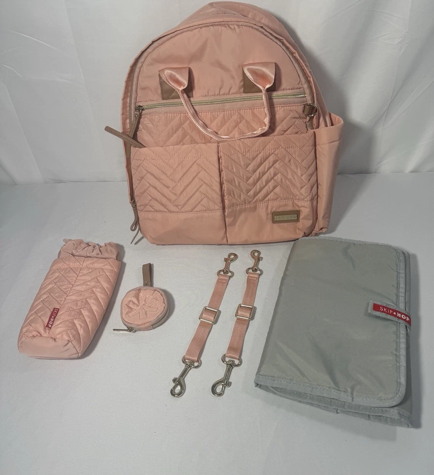 Skip Hop Diaper Bag Backpack Pink Gold Suite 6 in 1 Baby Travel Bag Set Zip  - Image 1 of 4