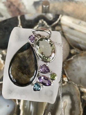 Gem Insider® Sterling Silver Multi Gemstone Pendant w/ 18" Rolo Chain MSRP $199 - Imagem 1 de 4