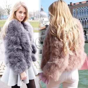 Retail Coat Knitted 100% Ostrich Feather Fever Fur Genuine Women Fluffy Jackets - Picture 1 of 32