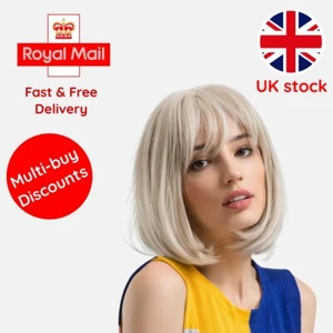 Platinperücken kurze Bobperücken mit Pony natürlich aussehendes Kunsthaar - Bild 1 von 5