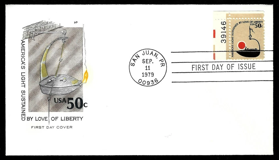 USA, SCOTT # 1609, HF HOUSE OF FARNAM FDC COVER 1979 WHALE OIL LAMP WITH PLATE # - Image 1 of 1