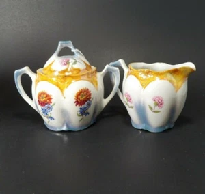 DEUTSCHLAND Sahne & Zucker Set Pfirsich Blau Glanz Ware Frühling & Herbst Blumen ANTIK  - Bild 1 von 12