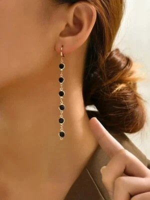 1pair Womens Girls Long Gold Metal Black Rhinestone Decor Dangle Drop Earrings - Image 1 of 3