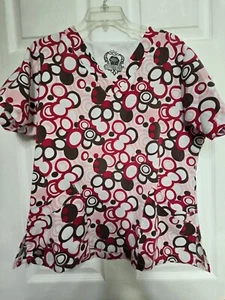 Dickies BLACK LABEL Scrub Top size M-Brown/Pink Circle Print-Chest 22"/L 26" - Picture 1 of 5