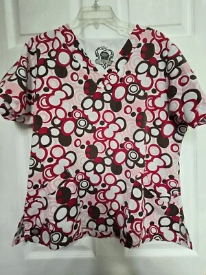 Dickies BLACK LABEL Scrub Top size M-Brown/Pink Circle Print-Chest 22"/L 26" - Image 1 of 4