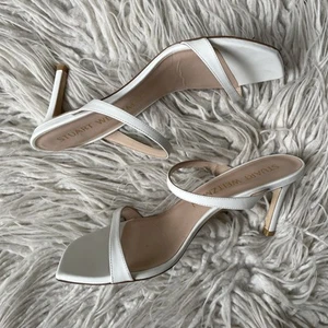 Stuart Weitzman Aleena weiße Leder-Pantoletten mit eckiger Zehenpartie 75 mm Absatz Größe 8,5 - Bild 1 von 12