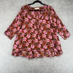 Natural Life Floral Shirt Frayed V-Neck Tunic Boho Peasant Hippie Gauze Top L/XL - Picture 1 of 9