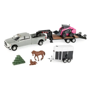1/32 CASE SV340B Skid Steer on Flatbed Trailer with RAM Pickup & Accessories, ZF - Picture 1 of 4