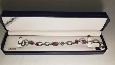 NIB Sterling Silver Lab Created Rose Ruby And CZ  Bracelet 7 1/4 inch - Image 1 of 4
