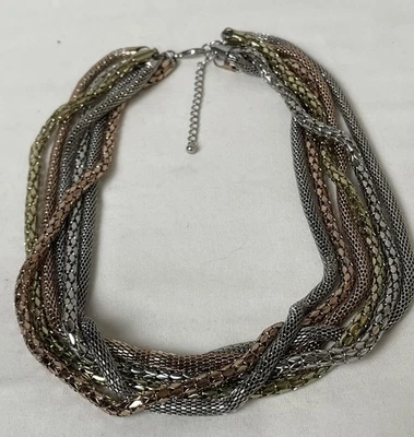 Tricolor 6 Strand Mesh Chain Necklace 20-22” Yellow Rose Gold Silver Statement - Image 1 of 4