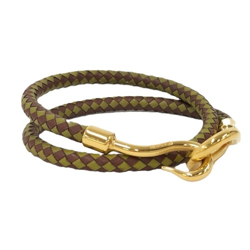 HERMÈS Bracciale Jumbo Hermes 2 fili in pelle placcata verde marrone usato0