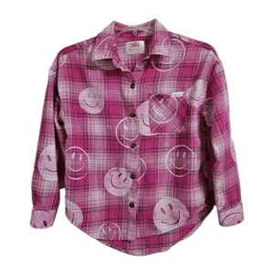Justice Long Sleeve Smiley Face Button-Up Pink Flannel Girls Size Medium 10 EUC  - Picture 1 of 7