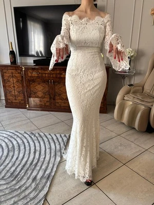 Hochzeitskleid Damen, Verlobungskleid, Bodenlang Elfenbein Spitze, Größe 36 - Bild 1 von 4