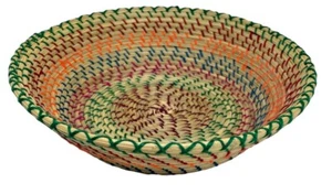 Natural Woven Seagrass Coiled Basket Bowl Colorful Threads 10" - Picture 1 of 6